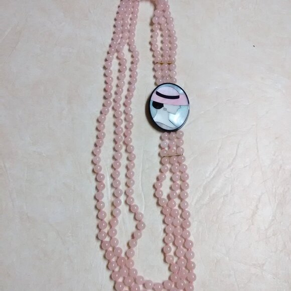 Art Deco pink glass beads ( maybe quartz? ) 3 strand pendant necklace excellent - Picture 1 of 11
